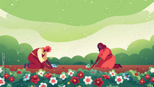 Planting Flower Borders Scene Vector Illustration