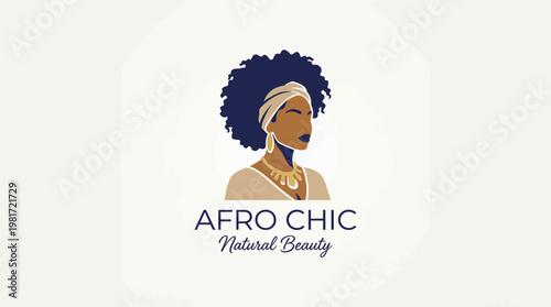 A sophisticated illustration for 'Afro Chic Natural Beauty,' showcasing a graceful black woman, symbolizing empowerment, beauty, and cultural appreciation in the cosmetics industry.