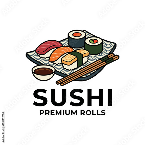 This vibrant image showcases an assortment of colorful sushi rolls, fresh sashimi, and a dipping sauce, arranged beautifully on a traditional plate, appealing for food lovers.