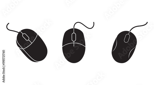 Three black computer mice with cords and white outlines on white background for technology and computing concepts  office and gaming accessories