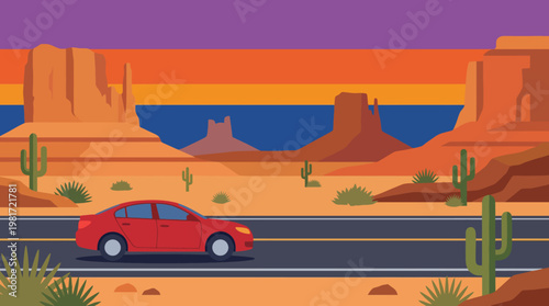 A lively illustration of a red car driving through a scenic desert landscape, reflecting freedom, adventure, and the essence of road trips against an inspiring sunset background.