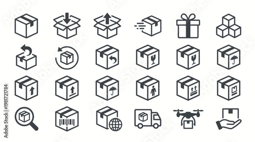 Set of isometric gift box icons in line art and filled styles for packaging, shipping, and celebrations