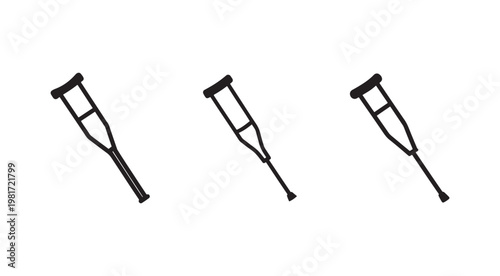 Three black crutches icons in different positions isolated on white background for medical and healthcare concepts  injury recovery and rehabilitation
