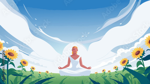 Radiant Woman Meditating Among Sunflower Field Sce