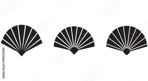 Three black folding hand fans with white lines on white background  traditional accessories