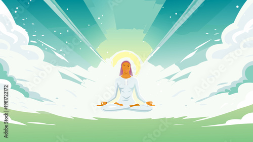 Spiritual Woman Meditating Among Light Aura Scene