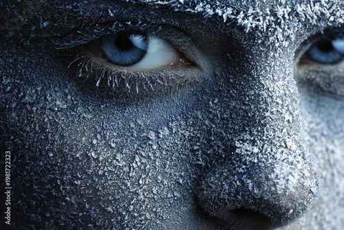 Woman with face covered in ice looking straight ahead, macro image of blue eyes