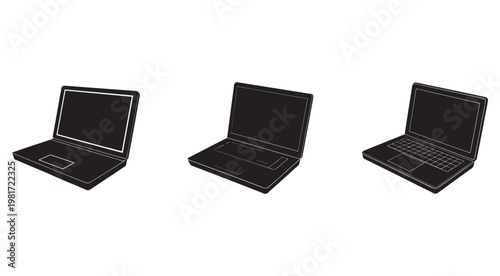 Three black laptops with different keyboard and screen designs  isolated on white background
