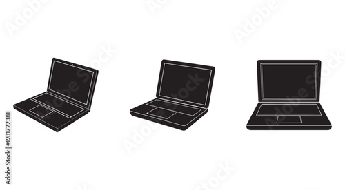 Three black laptops with white outlines in different positions on white background  computer devices