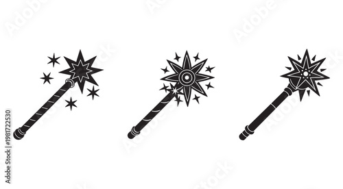 Three black magic wands with starburst effects and sparkling stars on white background for fantasy or magical themes  magic  wands