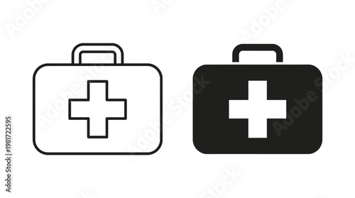 Two first aid kit icons outlined and filled versions for medical emergency representation