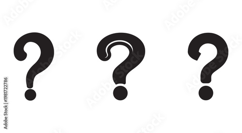 Three black question mark symbols in different styles on white background  query signs for confusion or inquiry