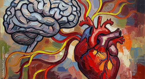 Abstract painting of human brain and heart connected by nerves and vessels.