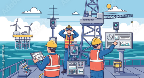 Offshore workers monitor renewable energy offshore platform and wind turbines on the sea