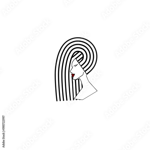 Minimalist female portrait line art illustration, woman with long wavy hair and red lips, beauty and hair salon logo design.