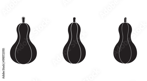 Three black silhouette eggplants with white outlines on white background  vegetable icons