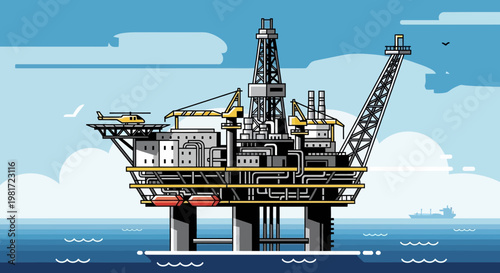Offshore Oil Rig Platform in the Ocean with Helicopter and Supply Ship