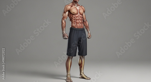 Anatomical illustration of a muscular male body showing muscles and tendons.