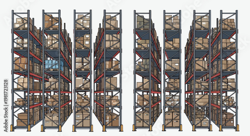 Warehouse Racks Full of Cardboard Boxes, Industrial Storage and Logistics Concept