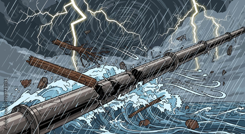 Stormy Seas, Lightning Strikes, and Debris in Turbulent Ocean