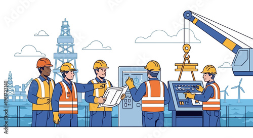 Diverse construction team planning offshore oil rig project with crane and wind turbines