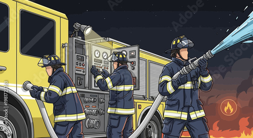 Firefighters Battling Blaze with Water Hose Next to Fire Truck