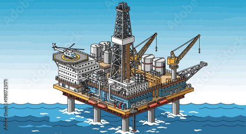 Offshore oil rig drilling platform in the ocean, industrial complex, energy exploration, helicopter landing pad