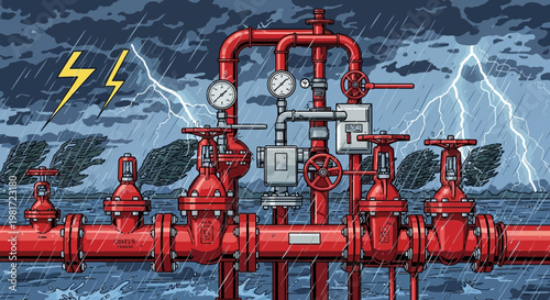 Industrial piping system under stormy weather conditions with lightning strikes and heavy rain