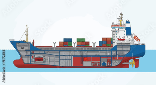 Container Ship Cross Section - Cargo Logistics and Maritime Transport Diagram