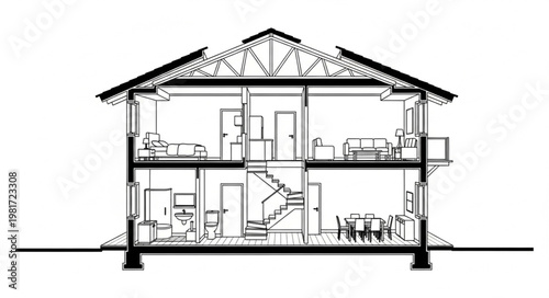 Architectural cross section drawing of a two story house interior.