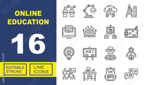 Online Education line icon set. Exclusive Online Education line icon collection. Containing Debate, Lamp, Cloud, Compass, Computer, Digital, Network, Tablet, Idea, Blackboard. Editable stroke.
