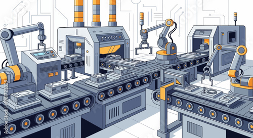 Automated Industrial Factory Production Line with Robotic Arms