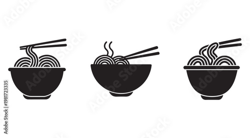 Three black silhouettes of noodle bowls with chopsticks on white background  Asian food icons