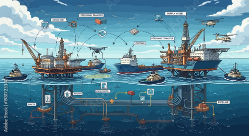 Offshore Oil Rig Technology: Drones, Ships, Underwater Pipelines, and Cloud Services