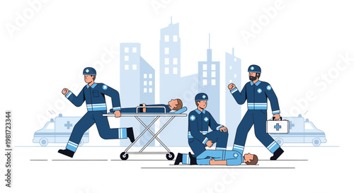 Emergency medical team responding to accident in city with ambulance and patient on stretcher.