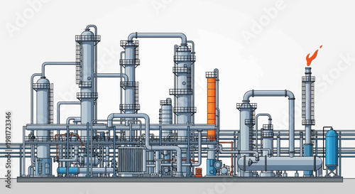 Industrial Oil Refinery Complex with Flare Stack and Distillation Towers