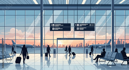 Modern airport terminal with passengers and airplanes at sunset