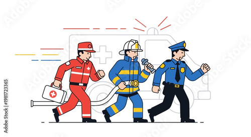 Emergency Responders Running: Paramedic, Firefighter, Police Officer with Ambulance