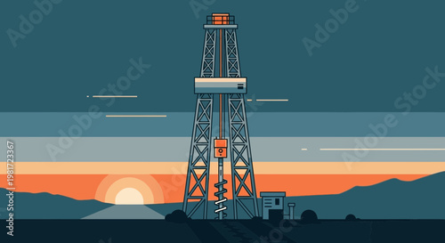 Oil Drilling Rig at Sunset, Industrial Landscape, Energy Production