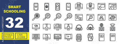 Exclusive Smart Schooling line icon collection. Containing smartphone, monitor, magnifier, translation, ranking, language, conference, flask, headphones, book. Editable stroke.