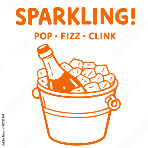 Sparkling champagne doodle illustration with bottle in ice bucket cooling drink
