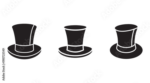 Three black top hats with white outlines in different angles isolated on white background