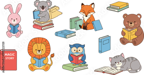 Cute Animal Characters Reading Books Vector Set Featuring Lion, Koala, Fox, Bear, and Owl for School Education, Library Posters, and Childrens Nursery Designs