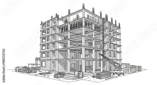 Architectural sketch of a building under construction.