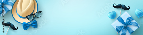 Fotografie Father's Day Sale background template with Men Hat,glasses and blue gift box
