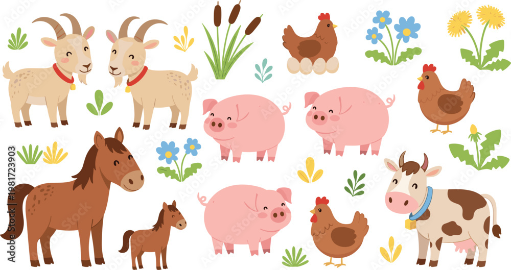 Fototapeta premium Cute Farm Animal Vector Set Featuring Goats Pigs Cow Horse with Foal and Hens with Nature Flowers and Grass for Rural Countryside Decorations