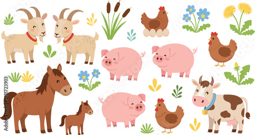 Cute Farm Animal Vector Set Featuring Goats Pigs Cow Horse with Foal and Hens with Nature Flowers and Grass for Rural Countryside Decorations