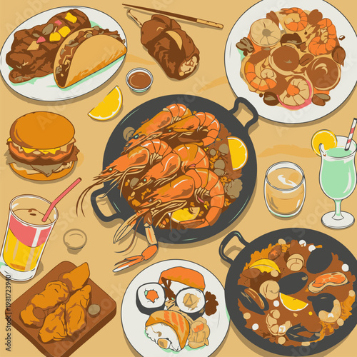 Various international cuisines displayed on a sandy surface. Colorful assortment of tacos, burgers, paella, sushi, fried chicken, and seafood dishes alongside drinks.