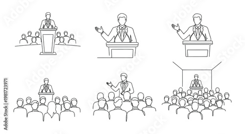 speaker, audience, presentation, microphone, podium, business, meeting, people, group, formal, event, communication, leadership, public, speaking, address, black, white, illustration, vector, sketch, 