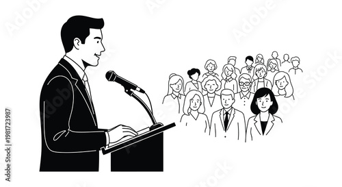 speaker, audience, presentation, microphone, podium, business, meeting, people, group, formal, event, communication, leadership, public, speaking, address, black, white, illustration, vector, sketch, 